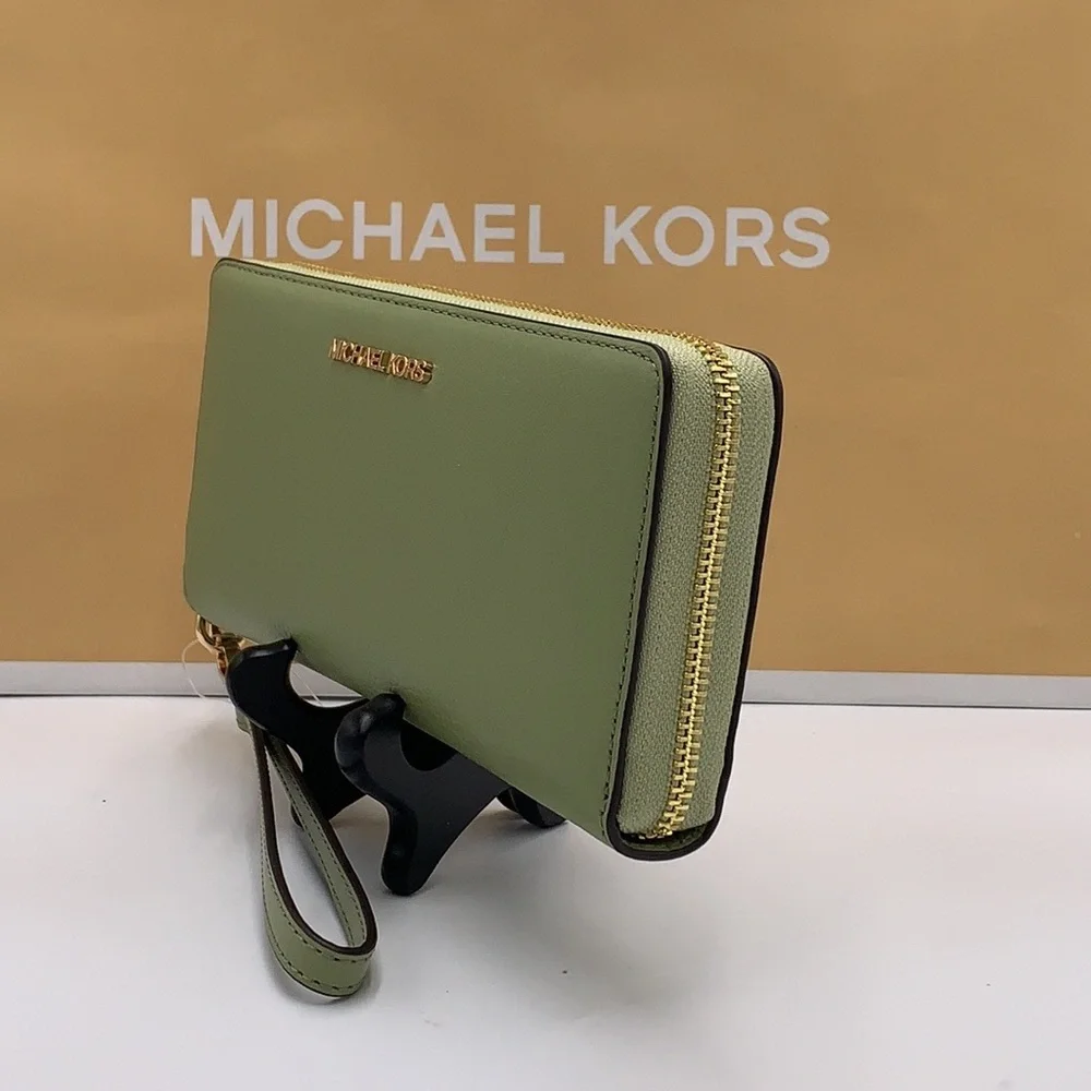MICHAEL KORS Leather Continental Wristlet Phone Case Wallet Light Sage NWT